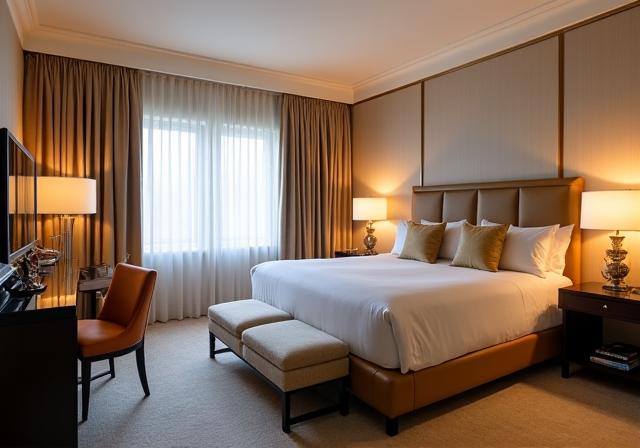 A luxury boutique hotel room styled with Southern Weave's bedding and cushions.