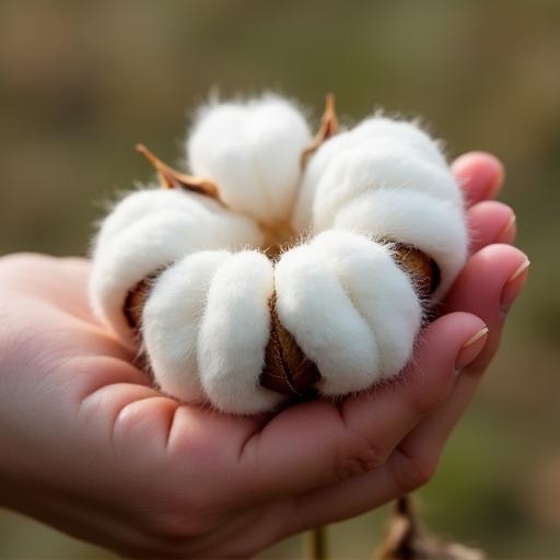 Close-up of a hand holding a fluffy Australian cotton boll.